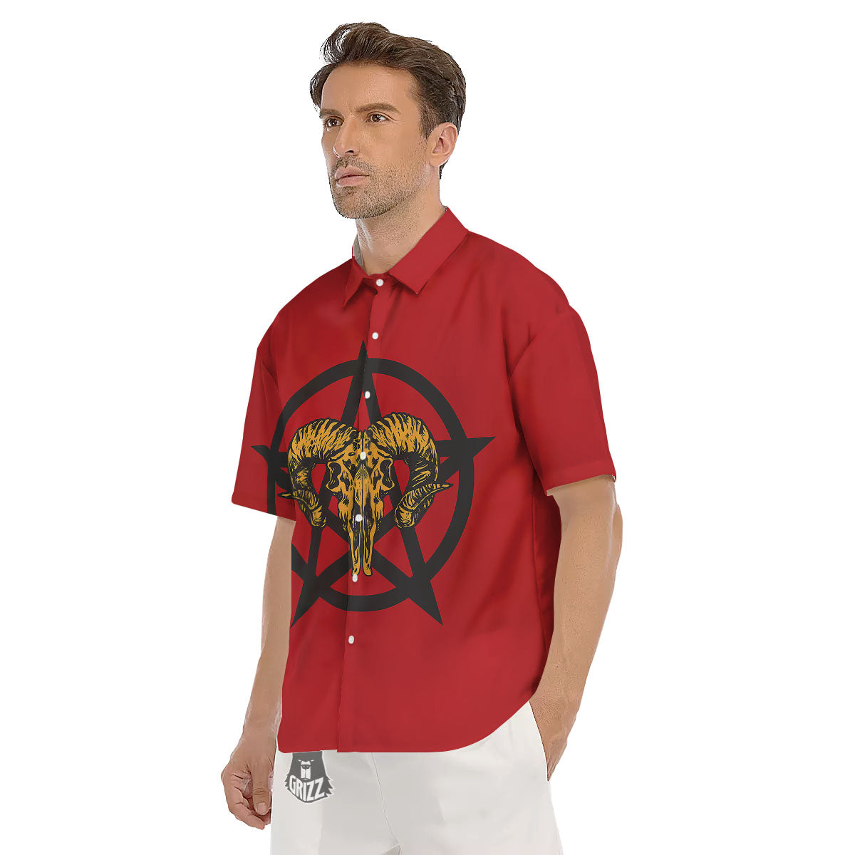 Pentagram Goat Skull Print Men's Short Sleeve Shirts-grizzshop