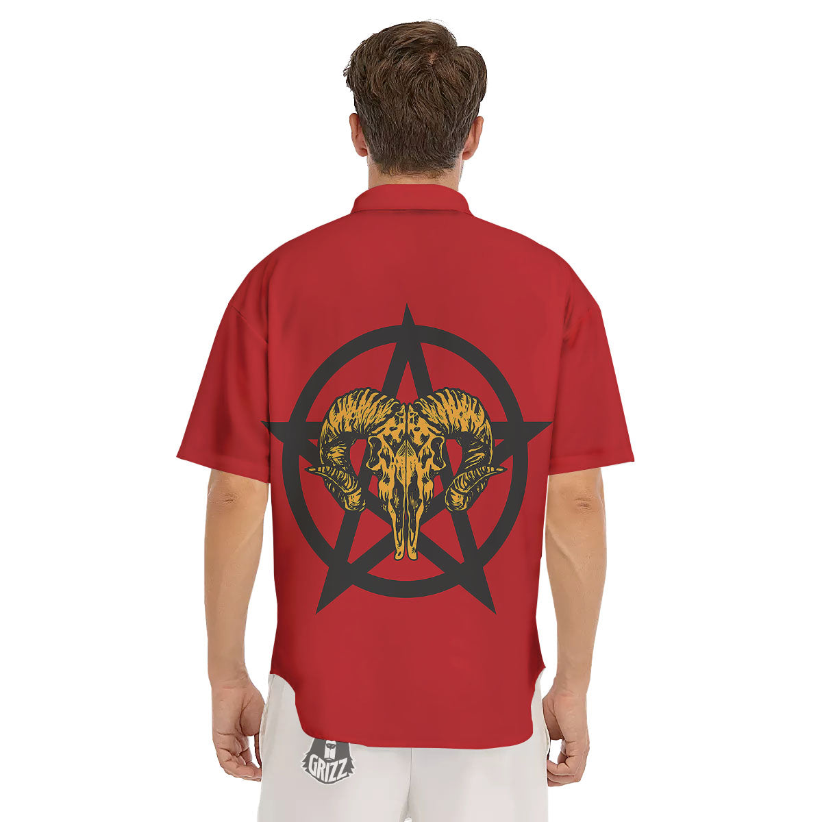 Pentagram Goat Skull Print Men's Short Sleeve Shirts-grizzshop