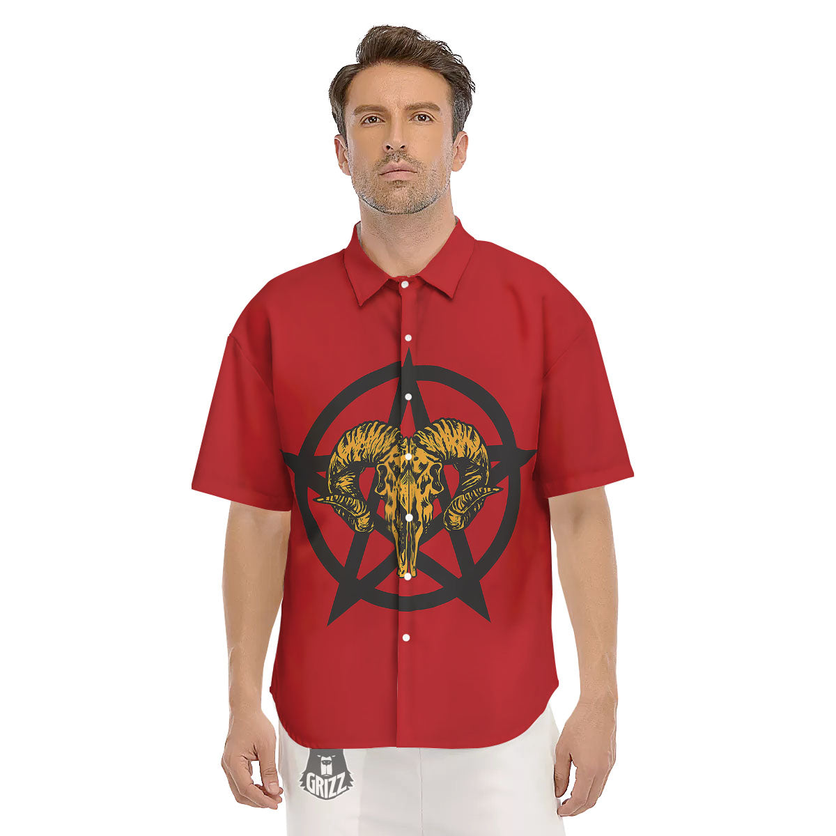 Pentagram Goat Skull Print Men's Short Sleeve Shirts-grizzshop