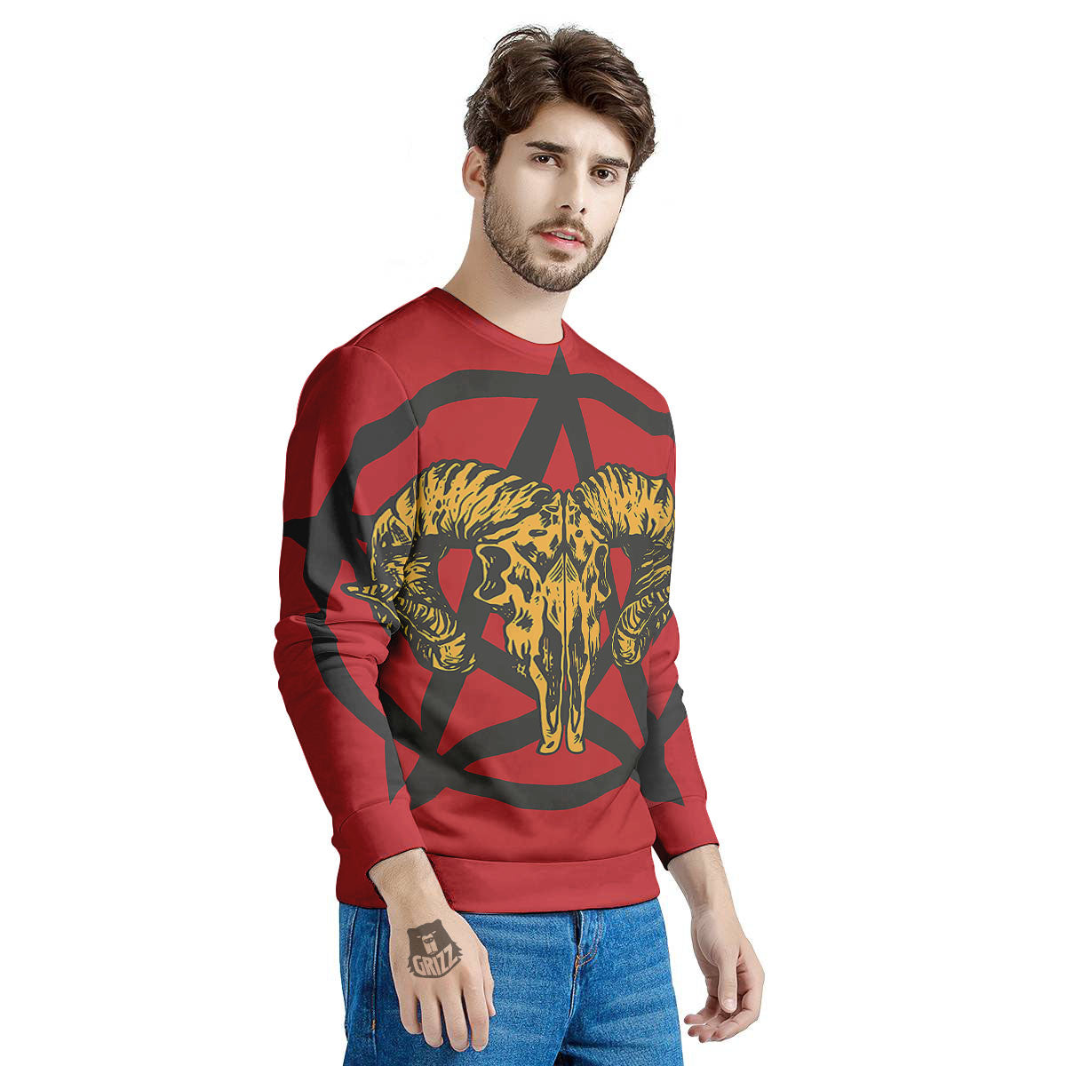 Pentagram Goat Skull Print Men's Sweatshirt-grizzshop