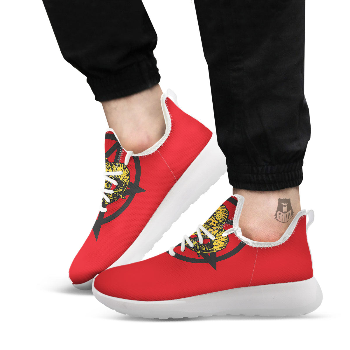 Pentagram Goat Skull Print White Athletic Shoes-grizzshop