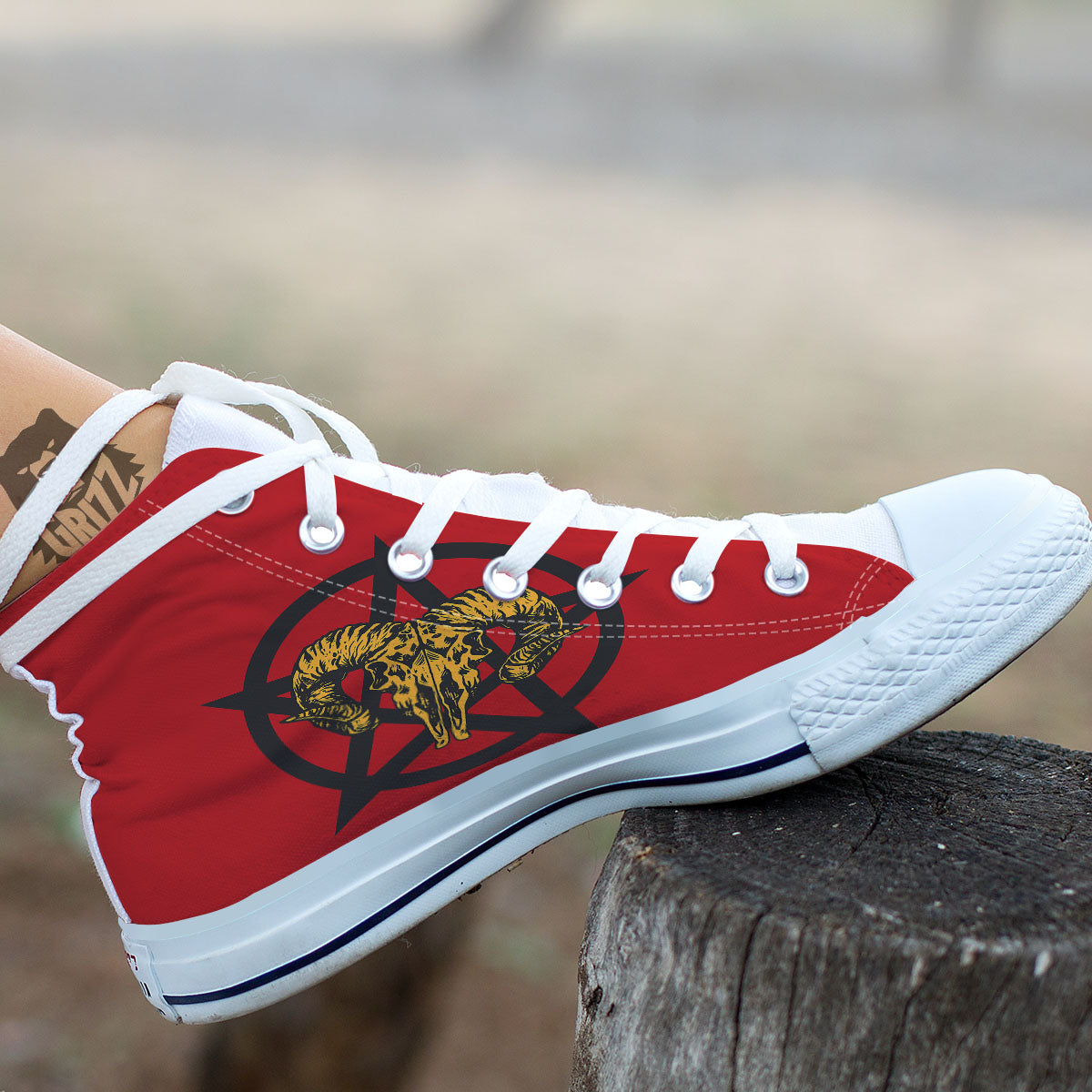 Pentagram Goat Skull Print White High Top Shoes-grizzshop