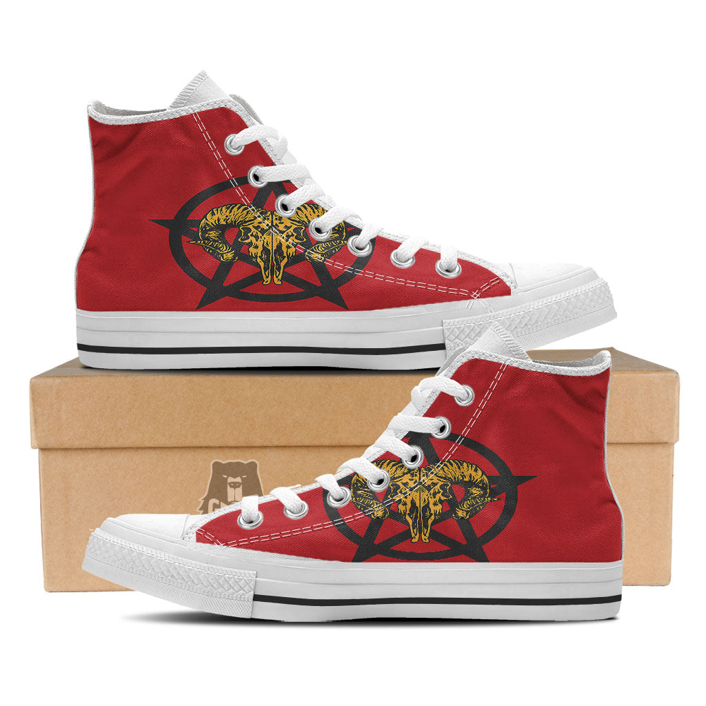 Pentagram Goat Skull Print White High Top Shoes-grizzshop