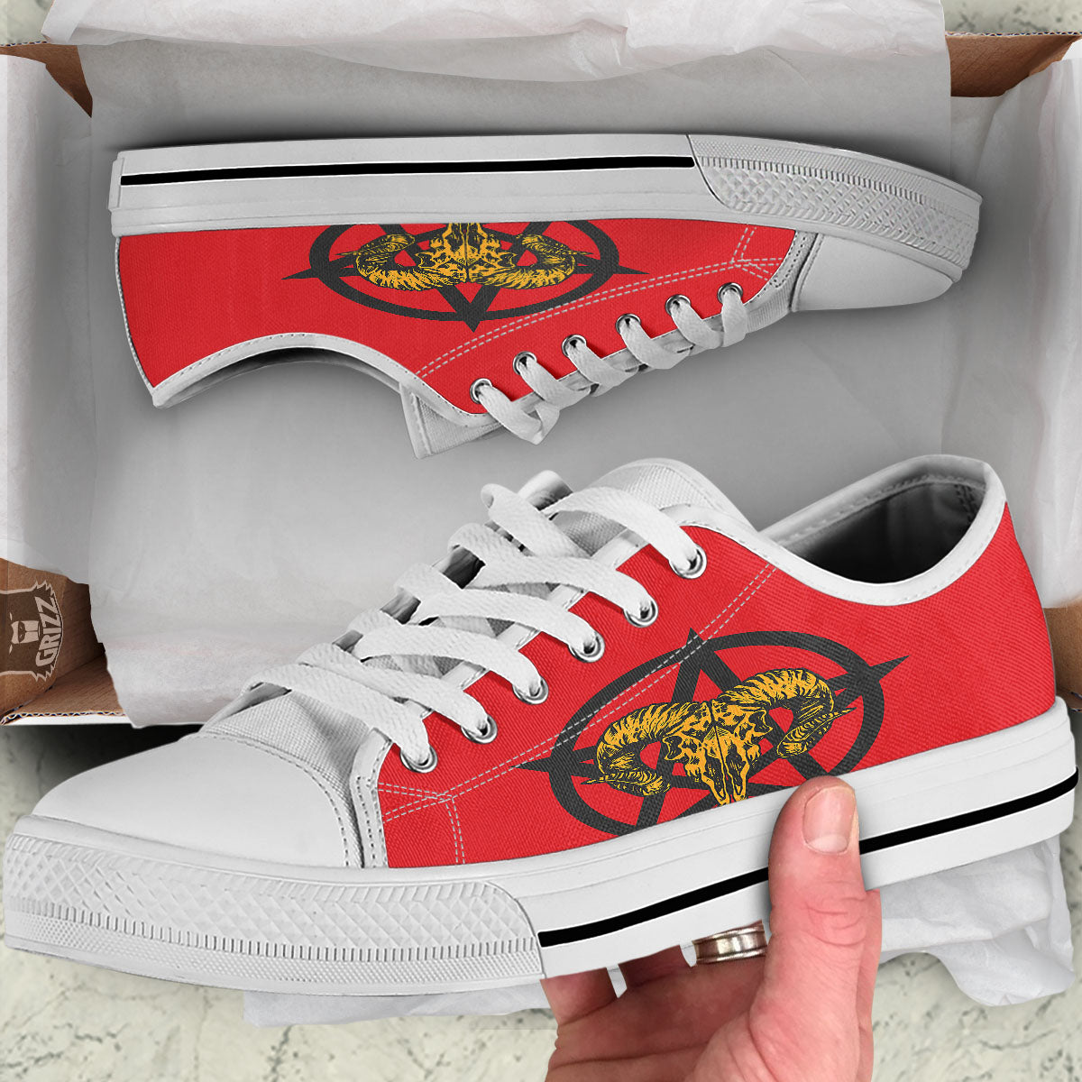 Pentagram Goat Skull Print White Low Top Shoes-grizzshop
