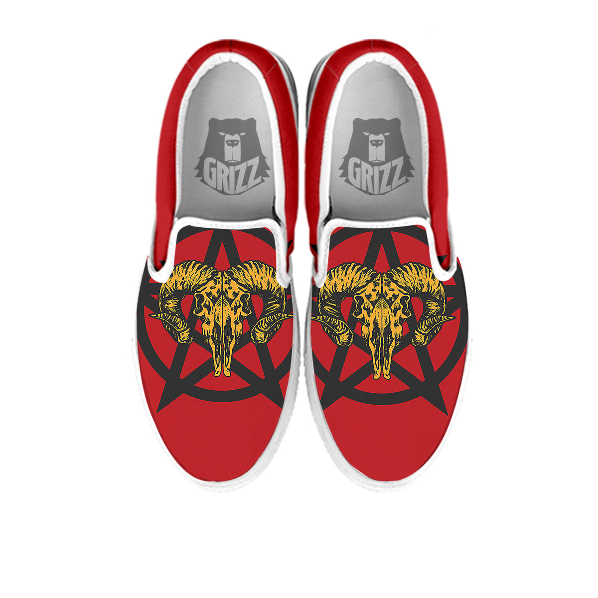 Pentagram Goat Skull Print White Slip On Shoes-grizzshop