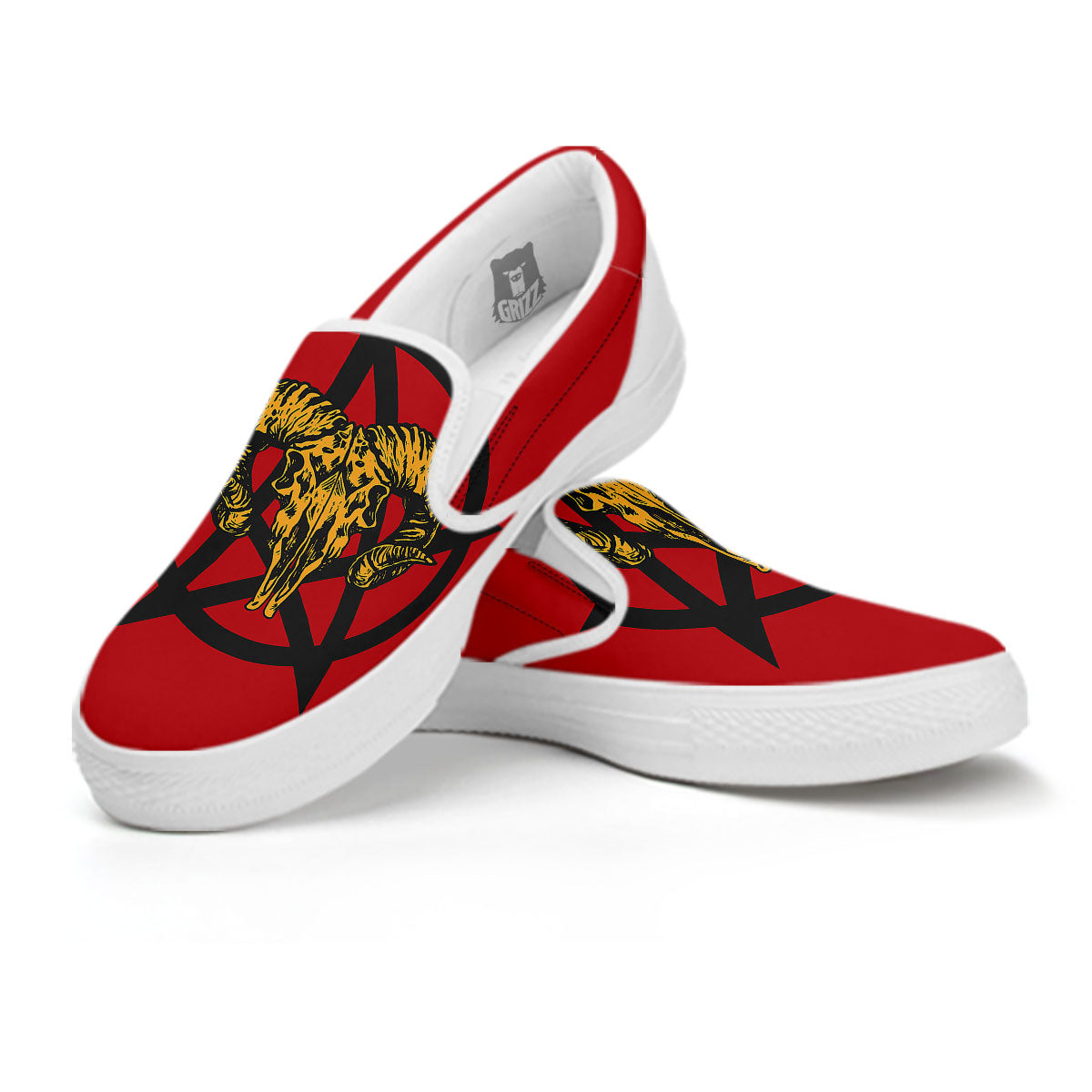 Pentagram Goat Skull Print White Slip On Shoes-grizzshop