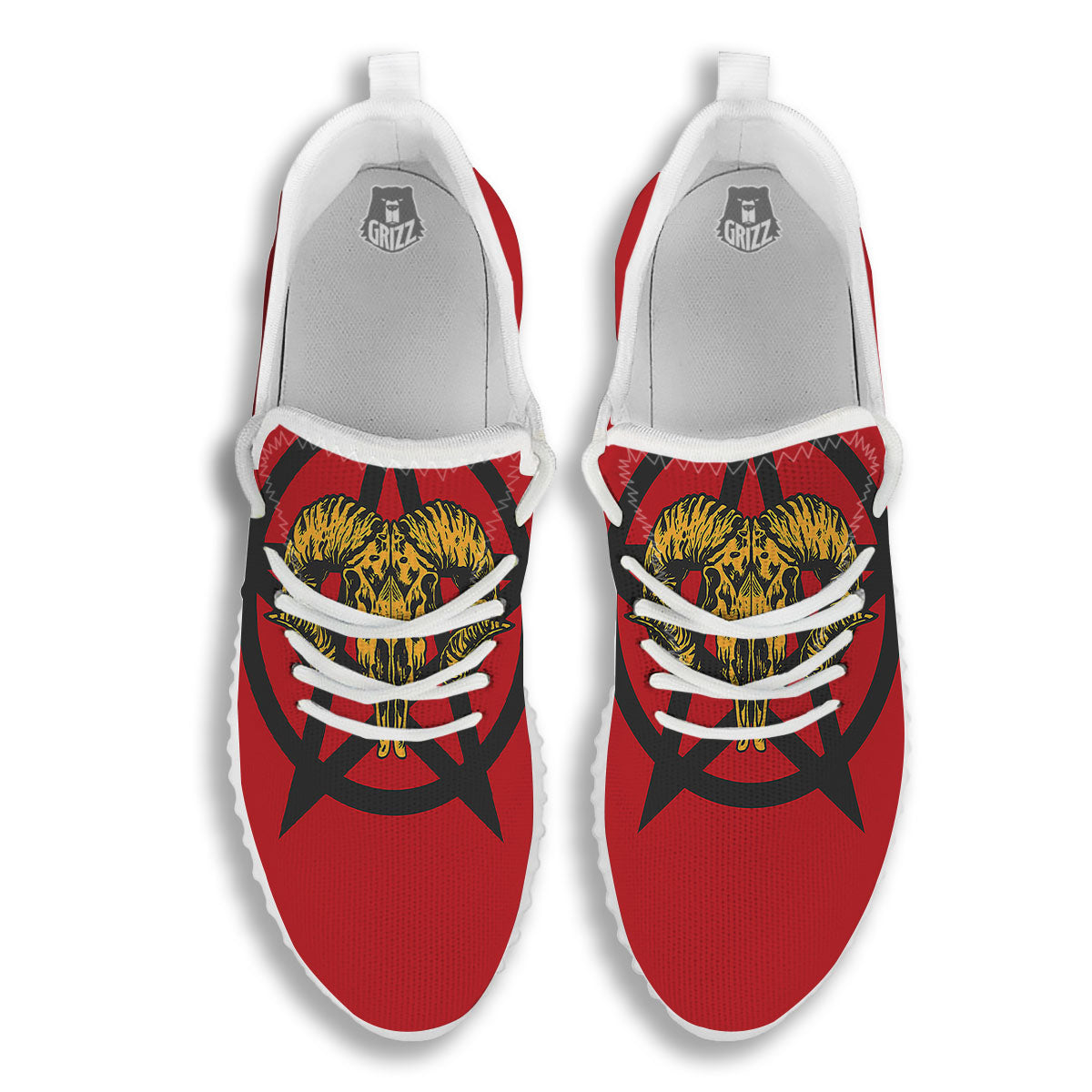 Pentagram Goat Skull Print White Walking Shoes-grizzshop