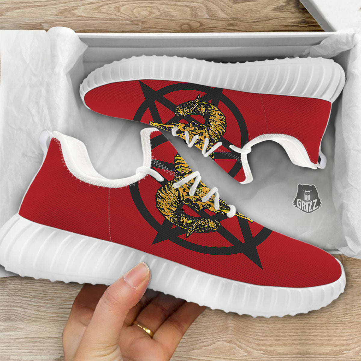 Pentagram Goat Skull Print White Walking Shoes-grizzshop