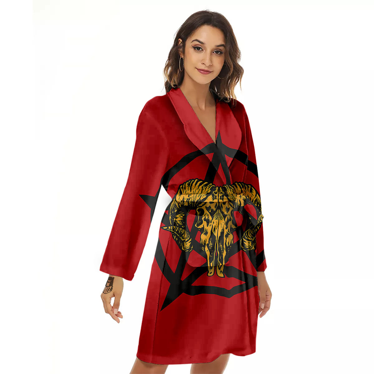 Pentagram Goat Skull Print Women's Robe-grizzshop