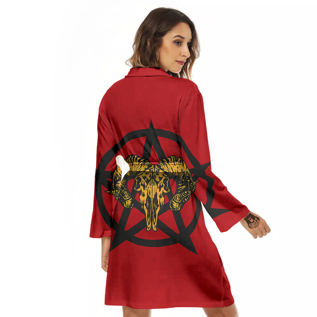 Pentagram Goat Skull Print Women's Robe-grizzshop