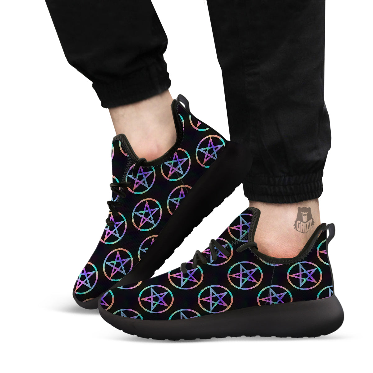 Pentagram Holographic Print Pattern Black Athletic Shoes-grizzshop