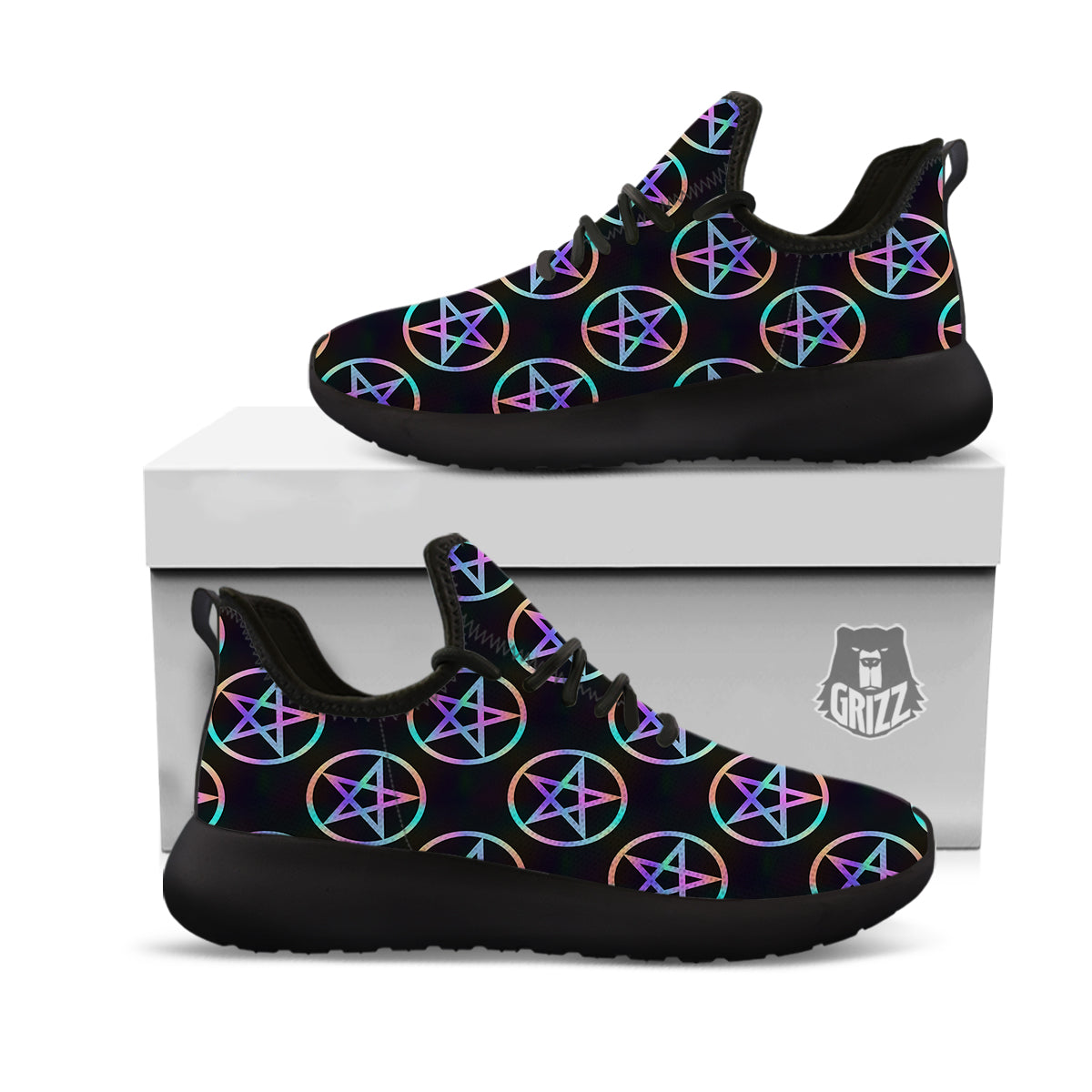 Pentagram Holographic Print Pattern Black Athletic Shoes-grizzshop