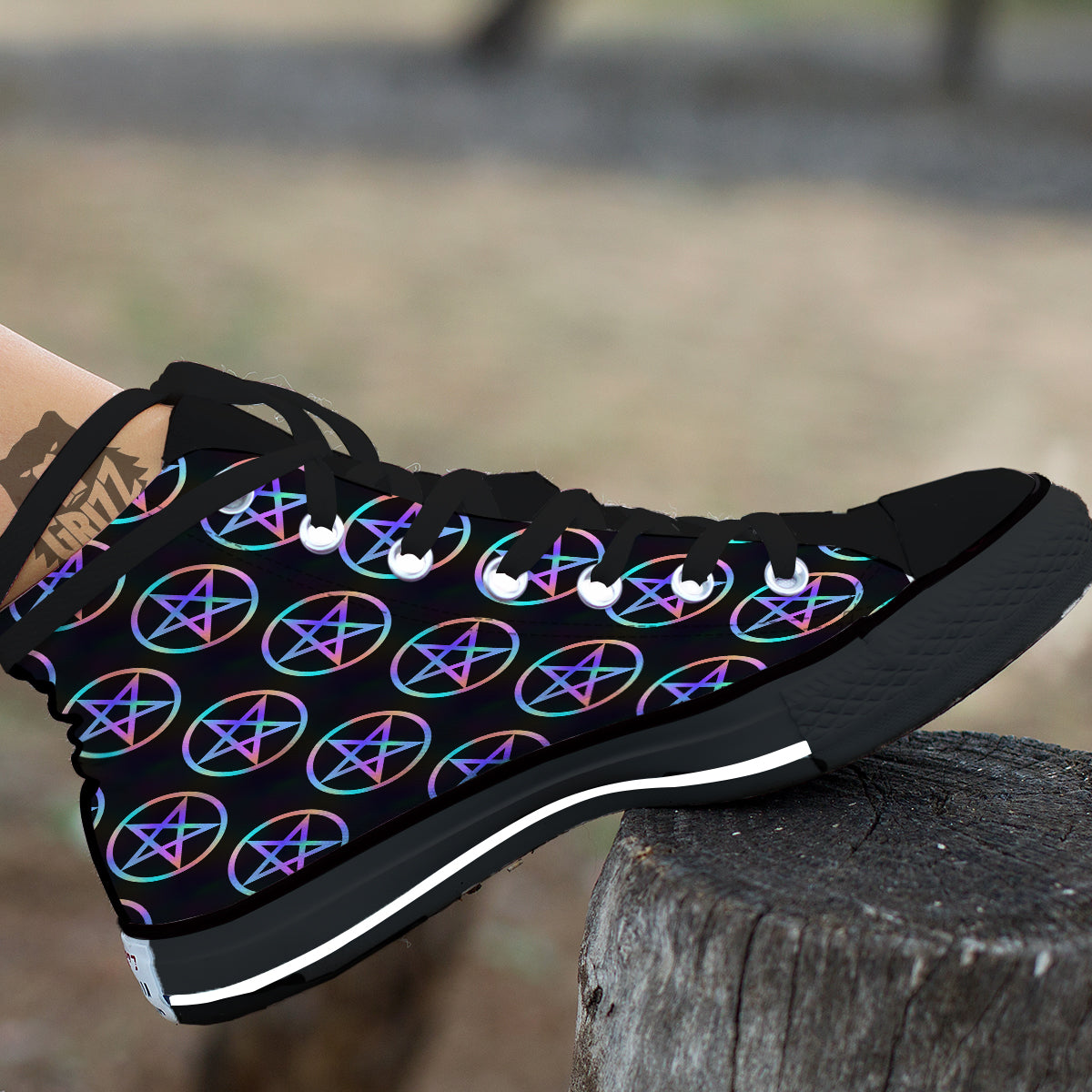 Pentagram Holographic Print Pattern Black High Top Shoes-grizzshop