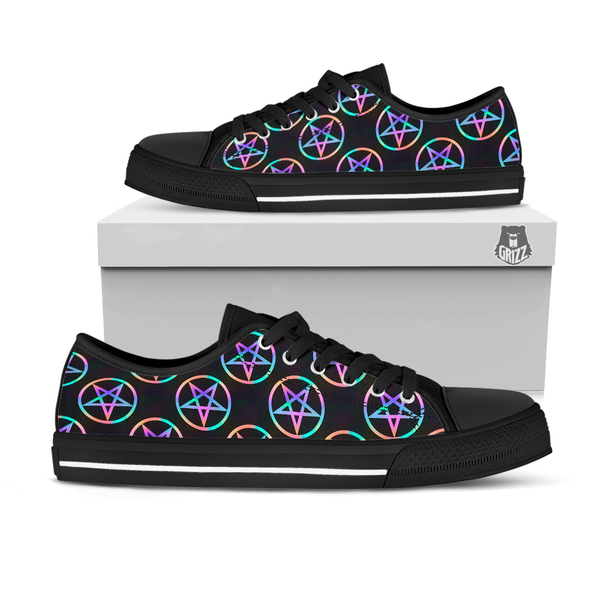 Pentagram Holographic Print Pattern Black Low Top Shoes-grizzshop