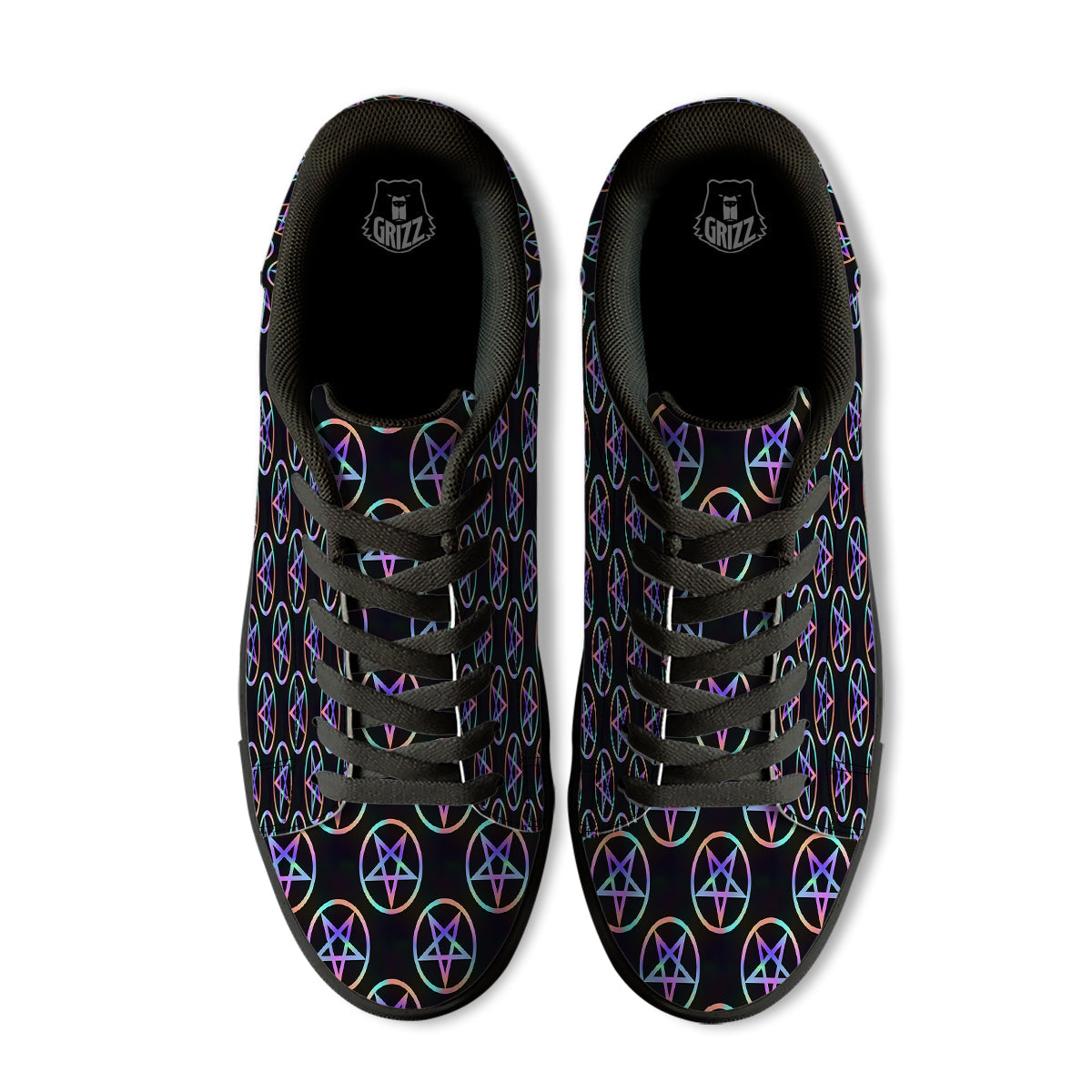 Pentagram Holographic Print Pattern Black Low Top Sneakers-grizzshop