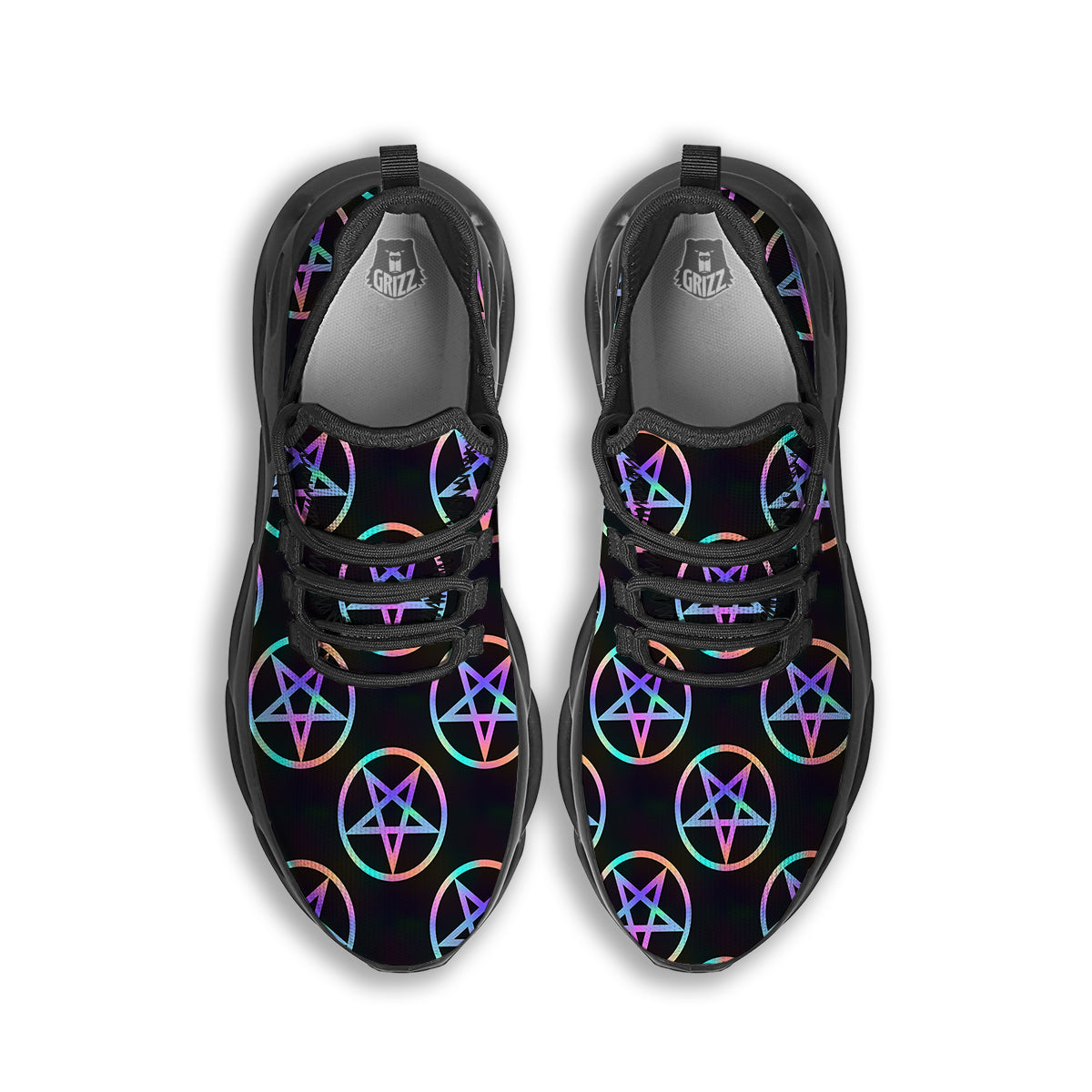 Pentagram Holographic Print Pattern Black Running Shoes-grizzshop