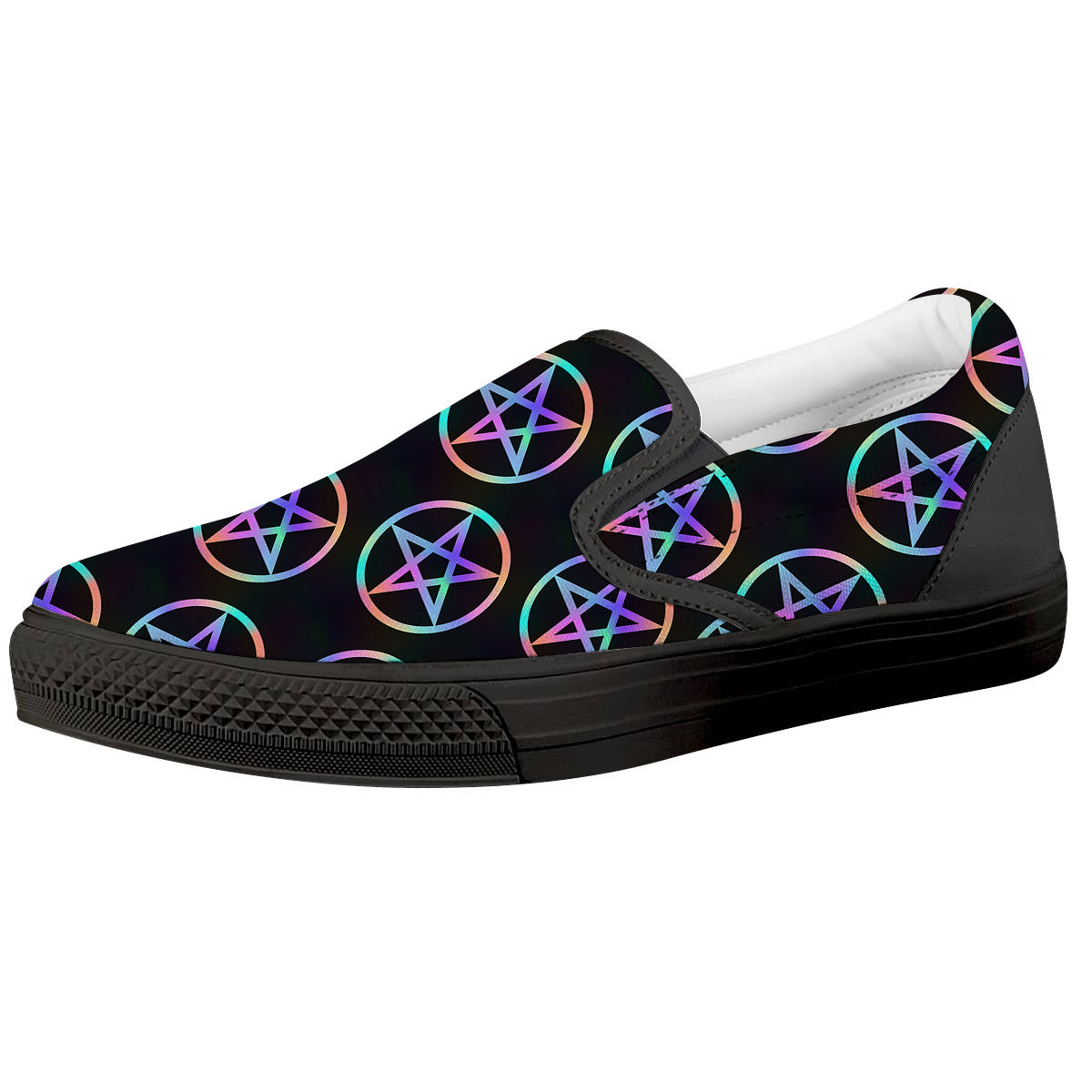 Pentagram Holographic Print Pattern Black Slip On Shoes-grizzshop