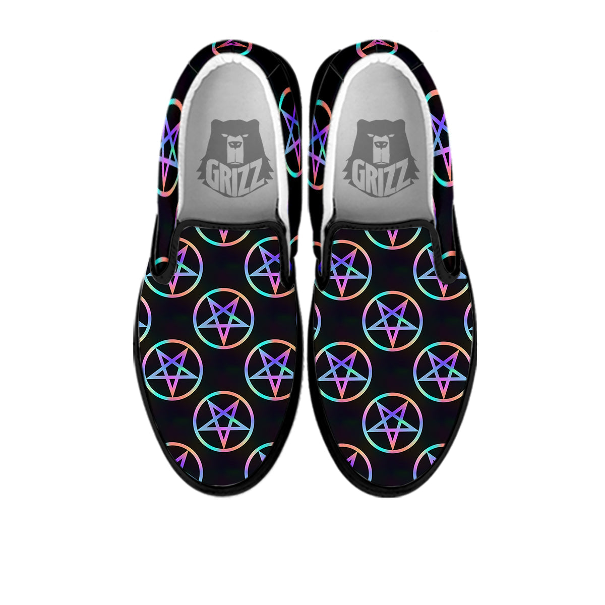 Pentagram Holographic Print Pattern Black Slip On Shoes-grizzshop