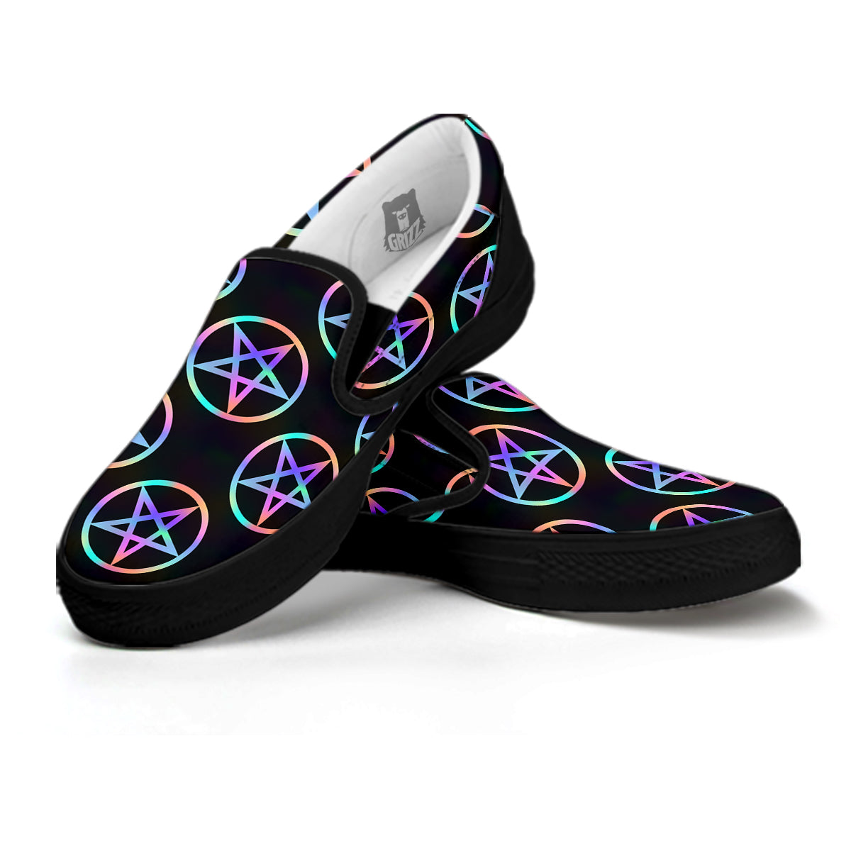 Pentagram Holographic Print Pattern Black Slip On Shoes-grizzshop