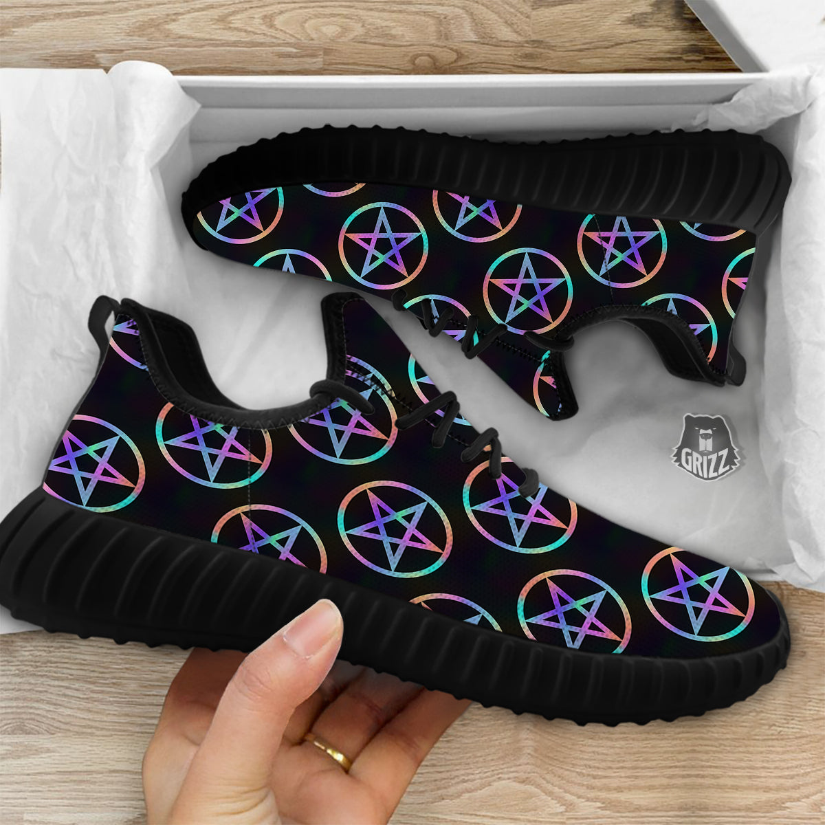 Pentagram Holographic Print Pattern Black Walking Shoes-grizzshop