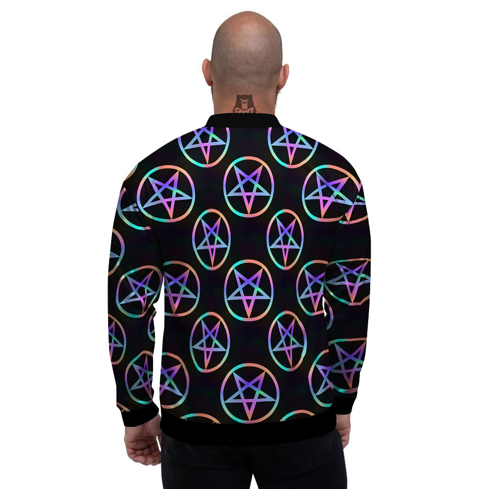 Pentagram Holographic Print Pattern Men's Bomber Jacket-grizzshop