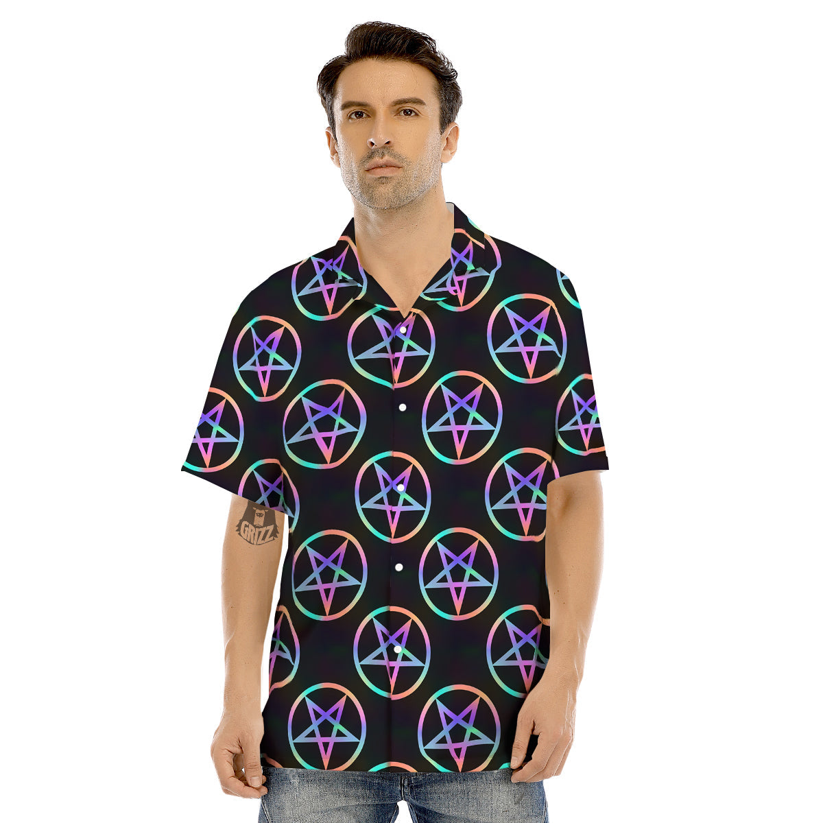Pentagram Holographic Print Pattern Men's Hawaiian Shirt-grizzshop