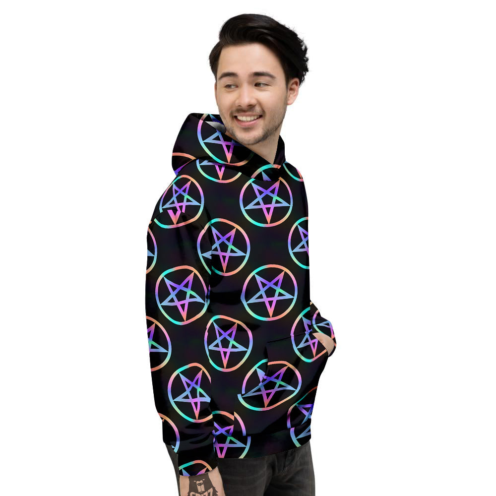 Pentagram Holographic Print Pattern Men's Hoodie-grizzshop