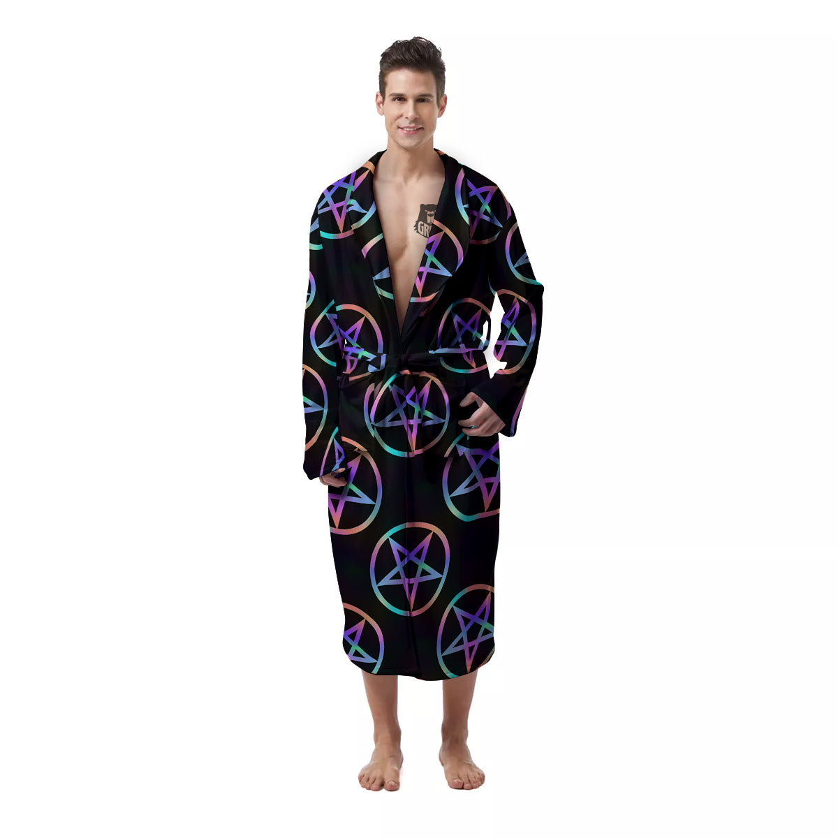 Pentagram Holographic Print Pattern Men's Robe-grizzshop