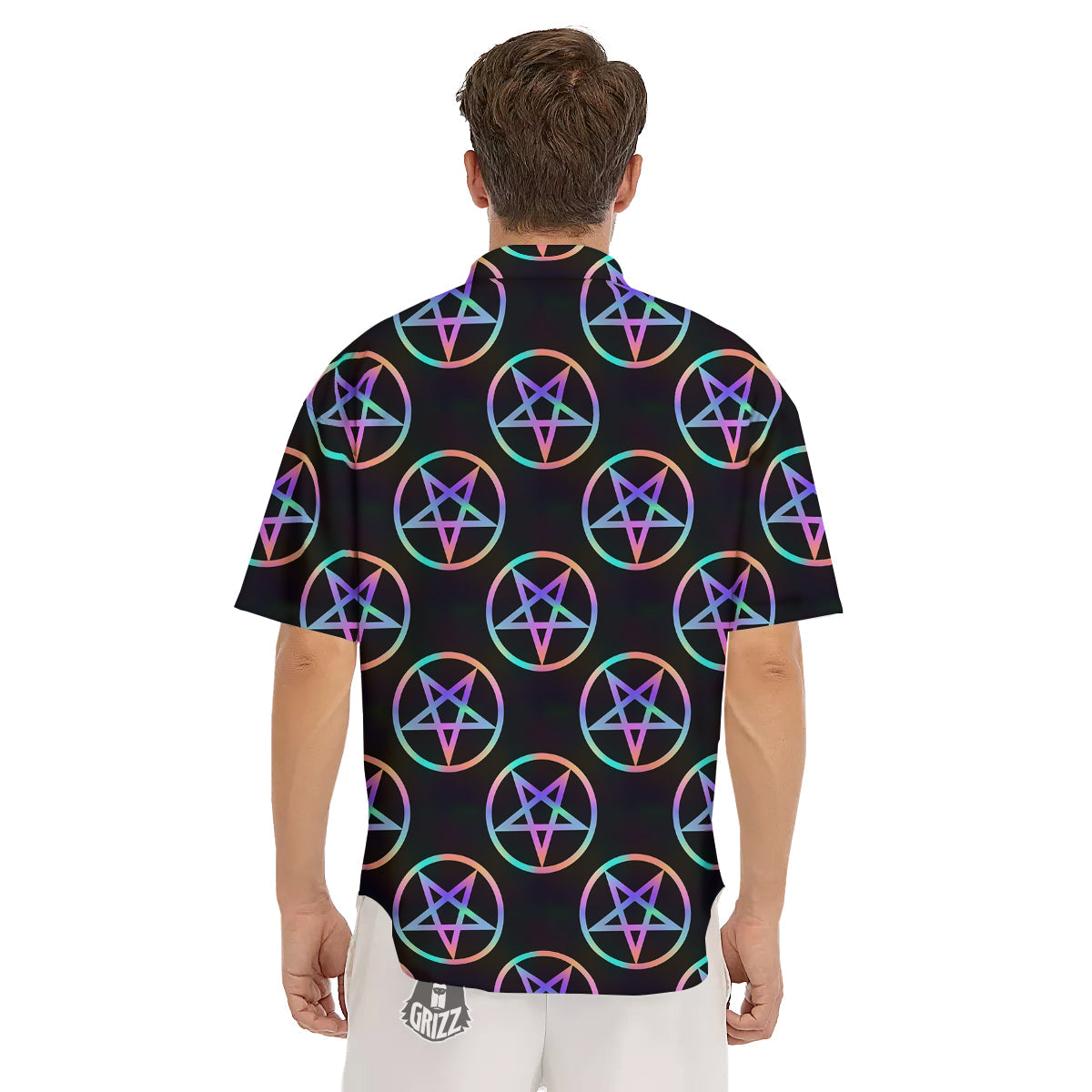 Pentagram Holographic Print Pattern Men's Short Sleeve Shirts-grizzshop