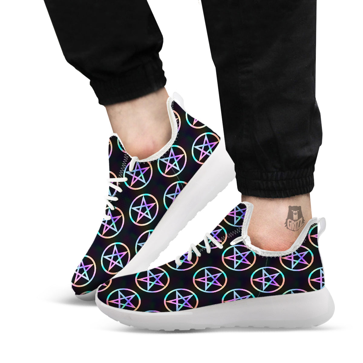 Pentagram Holographic Print Pattern White Athletic Shoes-grizzshop