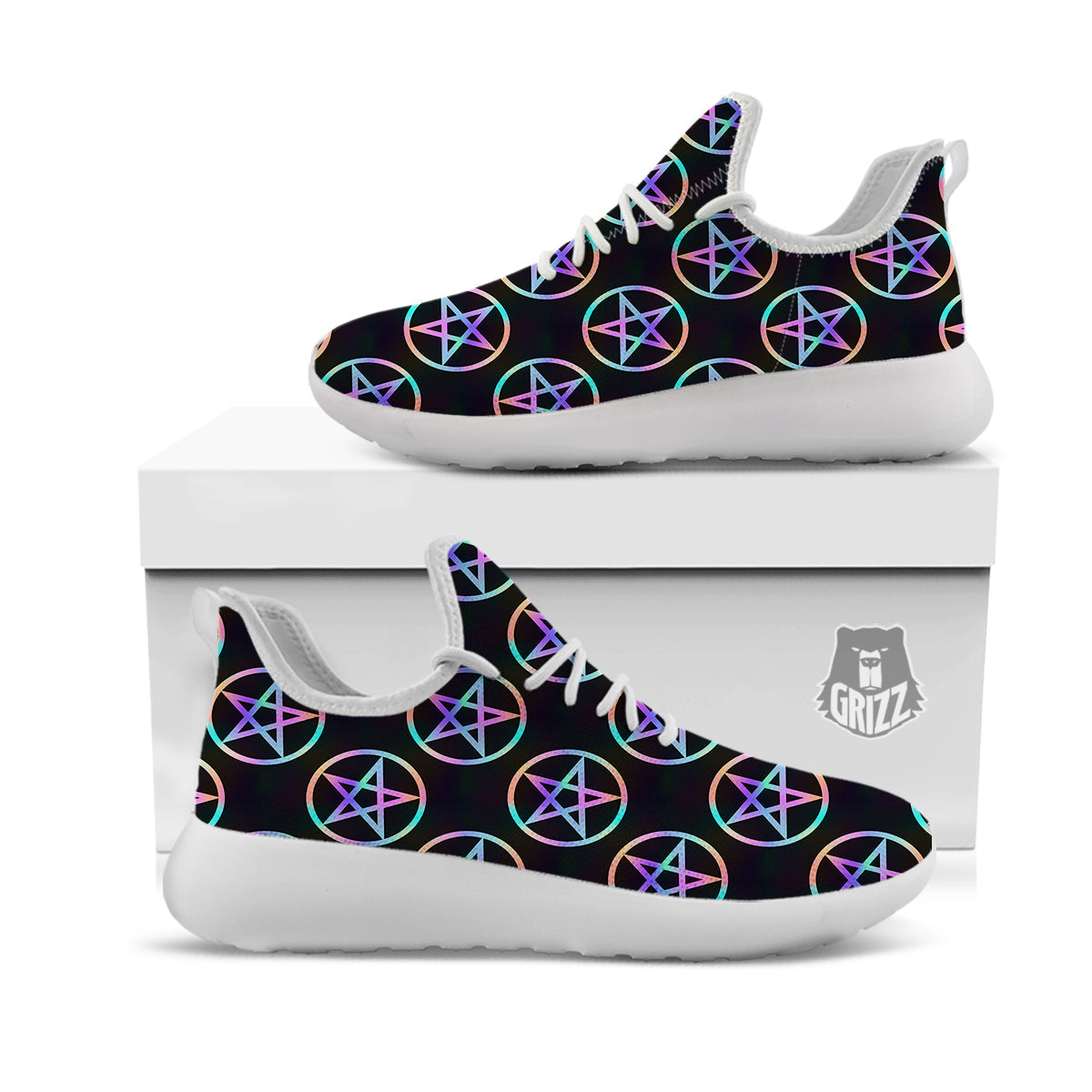 Pentagram Holographic Print Pattern White Athletic Shoes-grizzshop