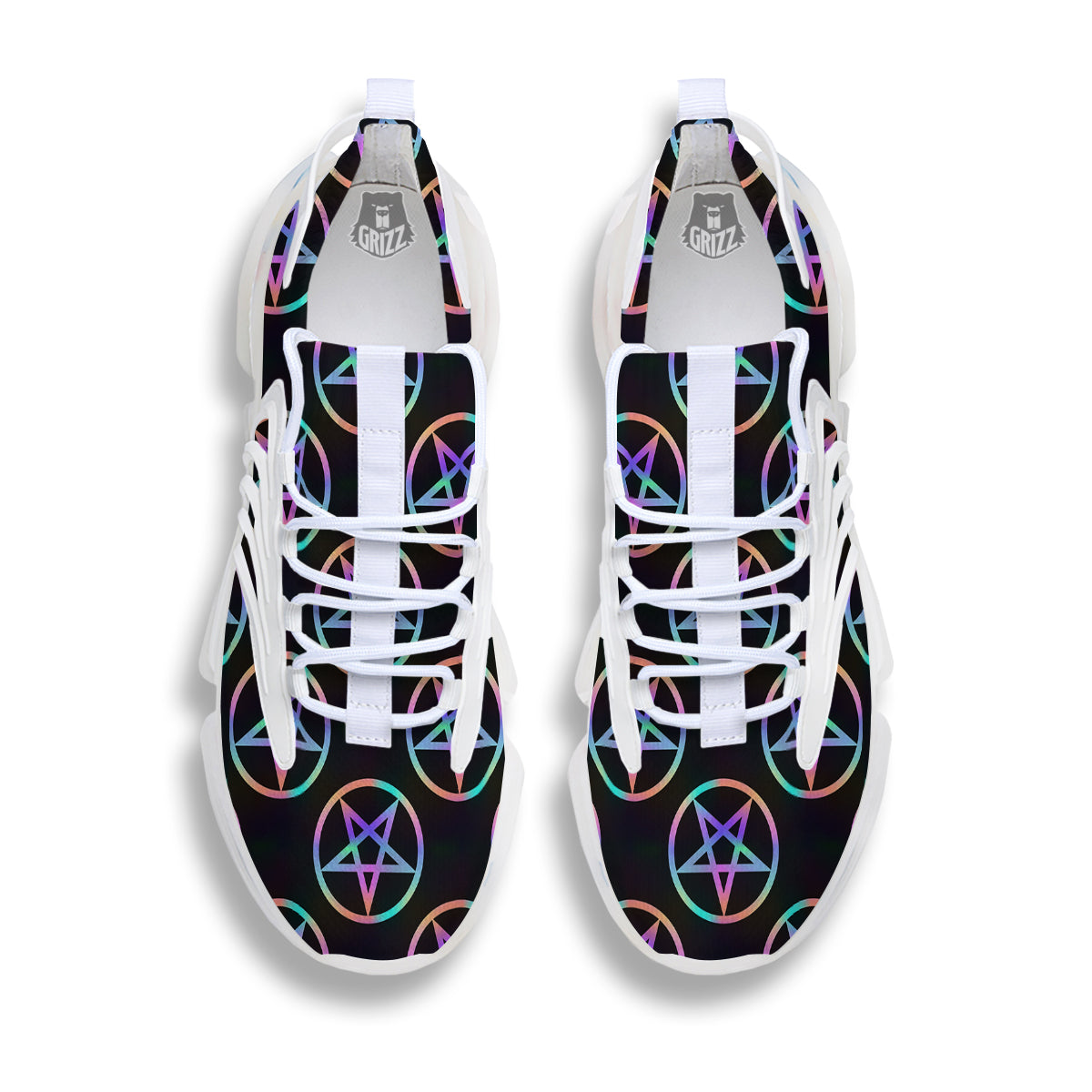Pentagram Holographic Print Pattern White Gym Shoes-grizzshop