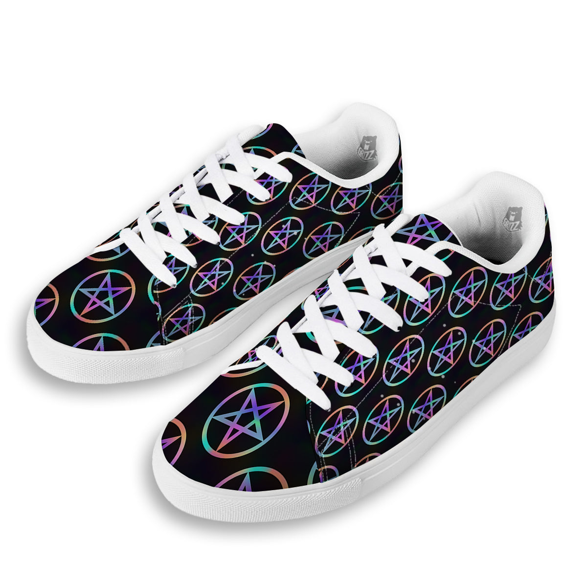Pentagram Holographic Print Pattern White Low Top Sneakers-grizzshop