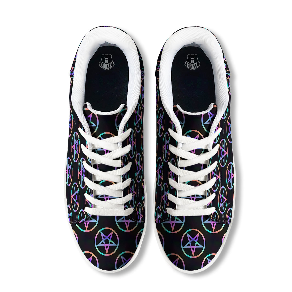 Pentagram Holographic Print Pattern White Low Top Sneakers-grizzshop