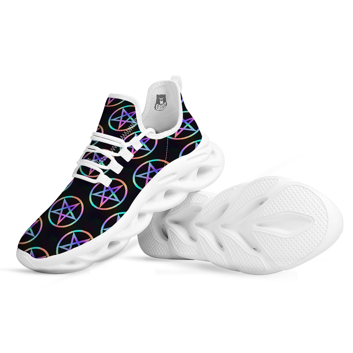 Pentagram Holographic Print Pattern White Running Shoes-grizzshop