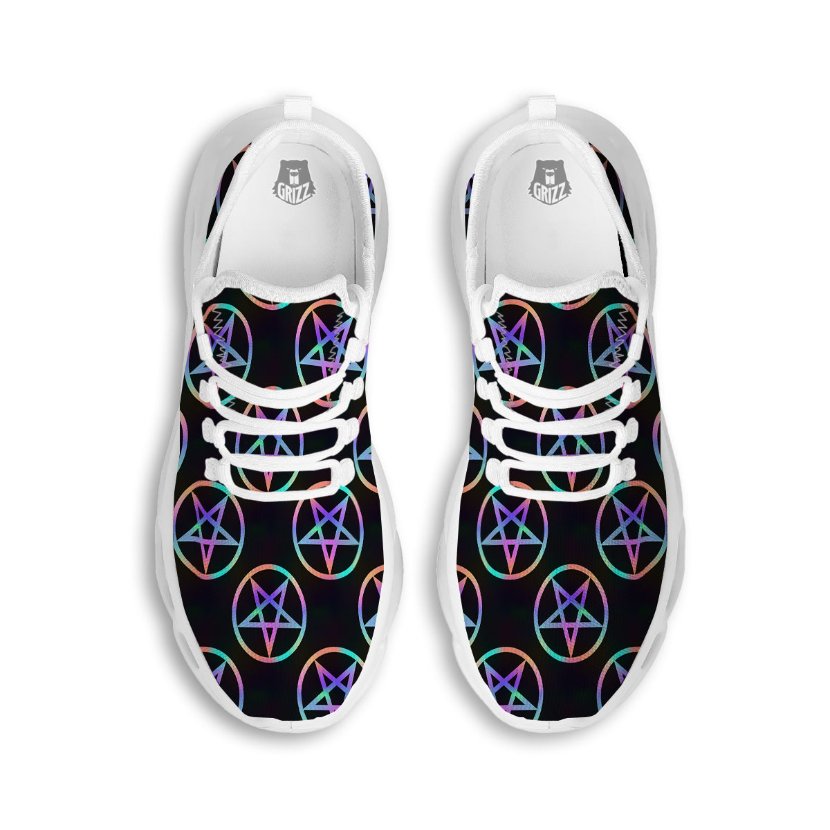 Pentagram Holographic Print Pattern White Running Shoes-grizzshop