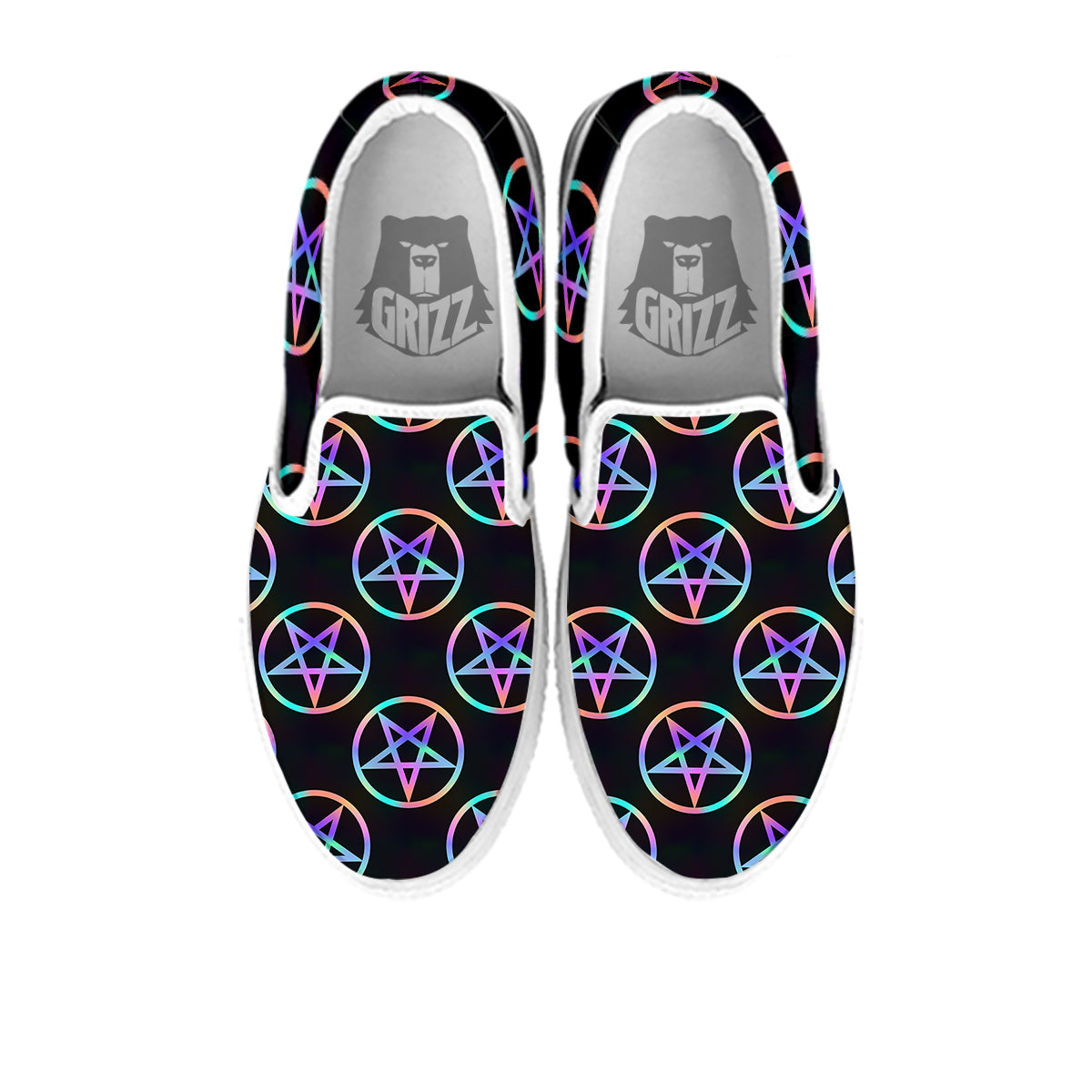 Pentagram Holographic Print Pattern White Slip On Shoes-grizzshop