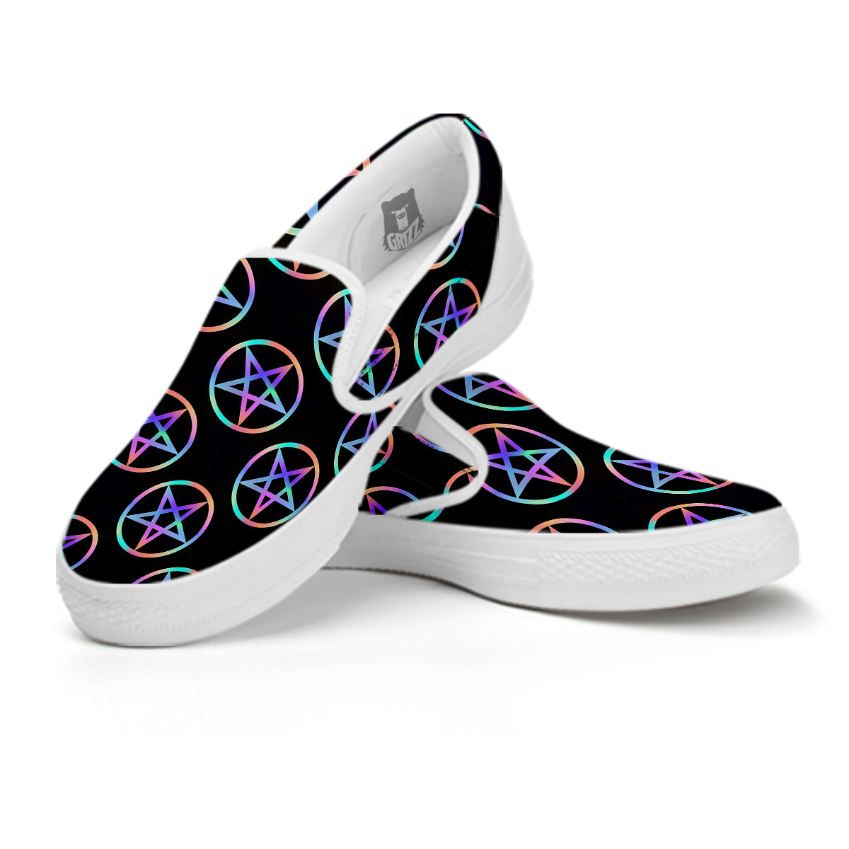 Pentagram Holographic Print Pattern White Slip On Shoes-grizzshop