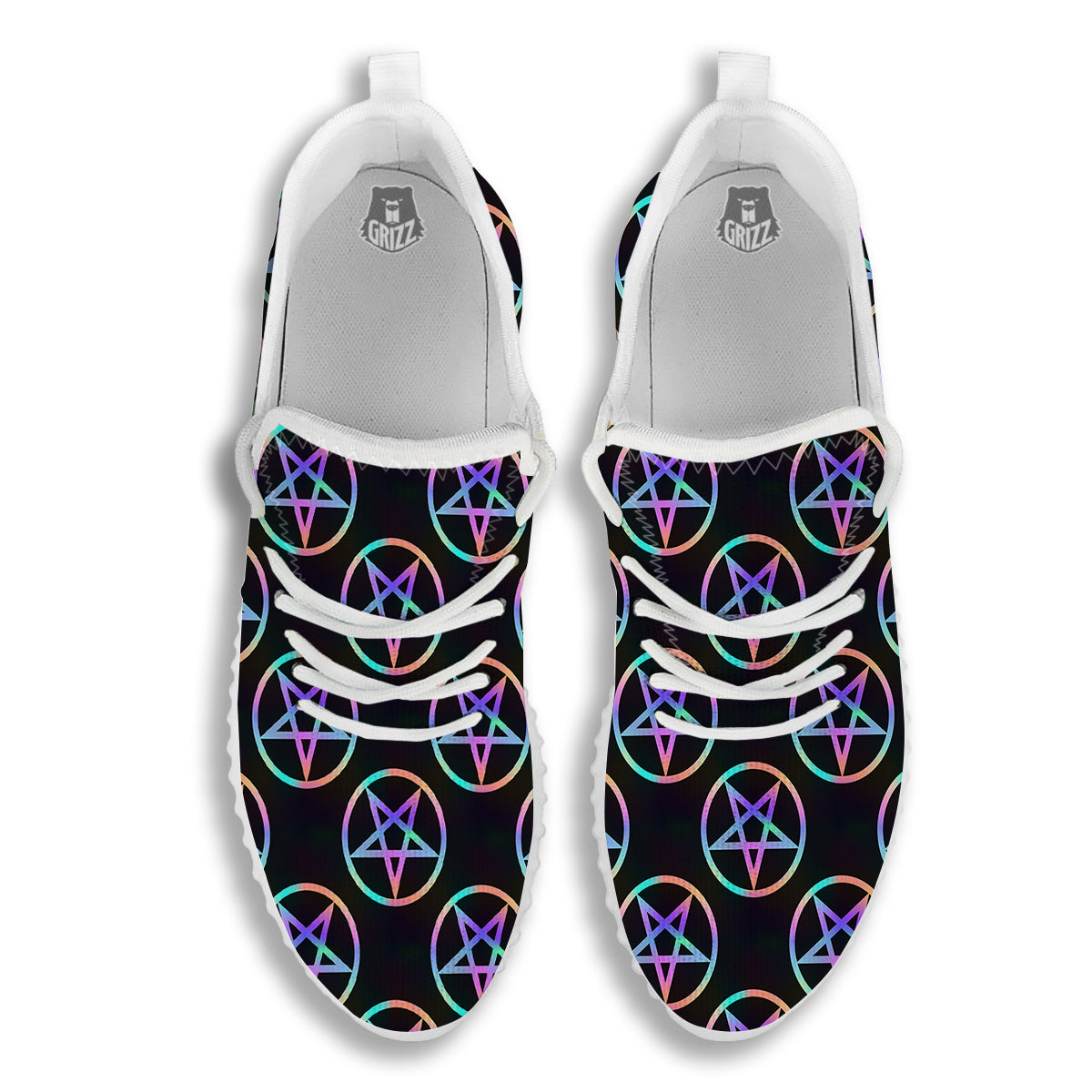 Pentagram Holographic Print Pattern White Walking Shoes-grizzshop