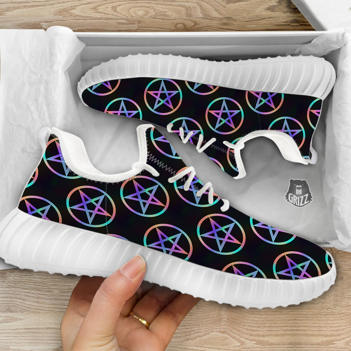 Pentagram Holographic Print Pattern White Walking Shoes-grizzshop