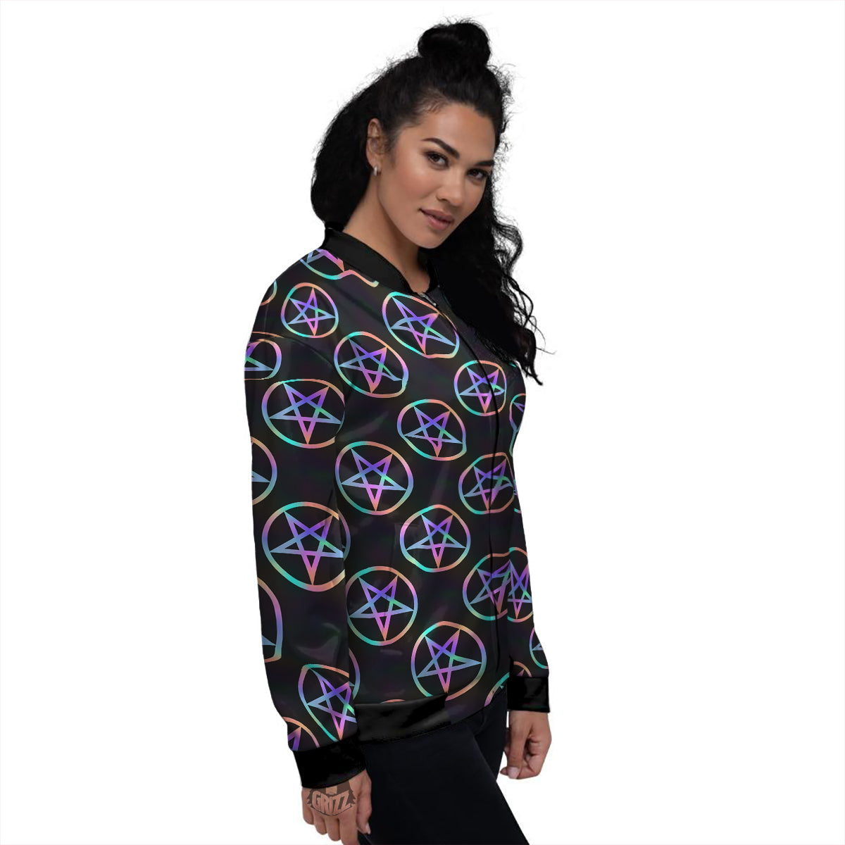 Pentagram Holographic Print Pattern Women's Bomber Jacket-grizzshop