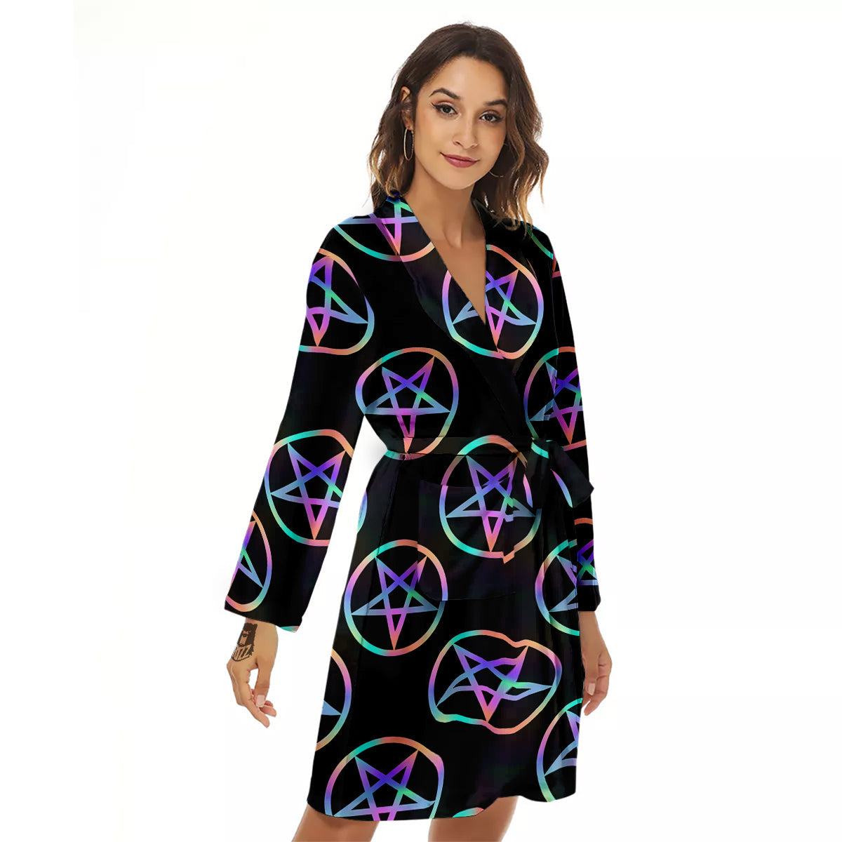 Pentagram Holographic Print Pattern Women's Robe-grizzshop