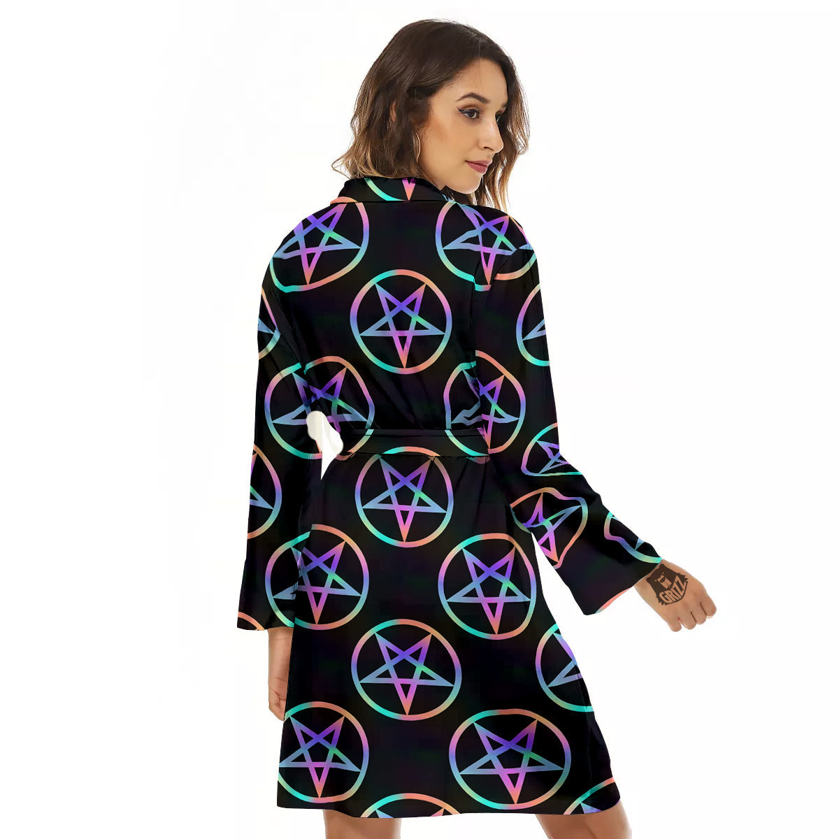 Pentagram Holographic Print Pattern Women's Robe-grizzshop