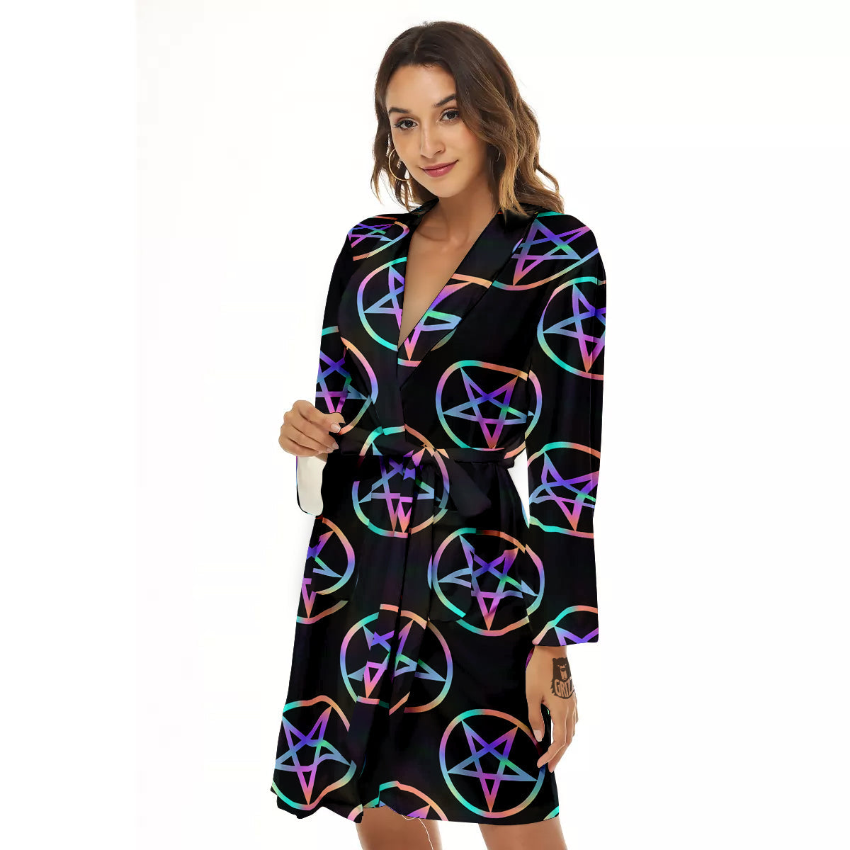 Pentagram Holographic Print Pattern Women's Robe-grizzshop