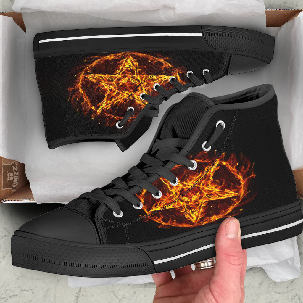 Pentagram Satanic Flame Print Black High Top Shoes-grizzshop