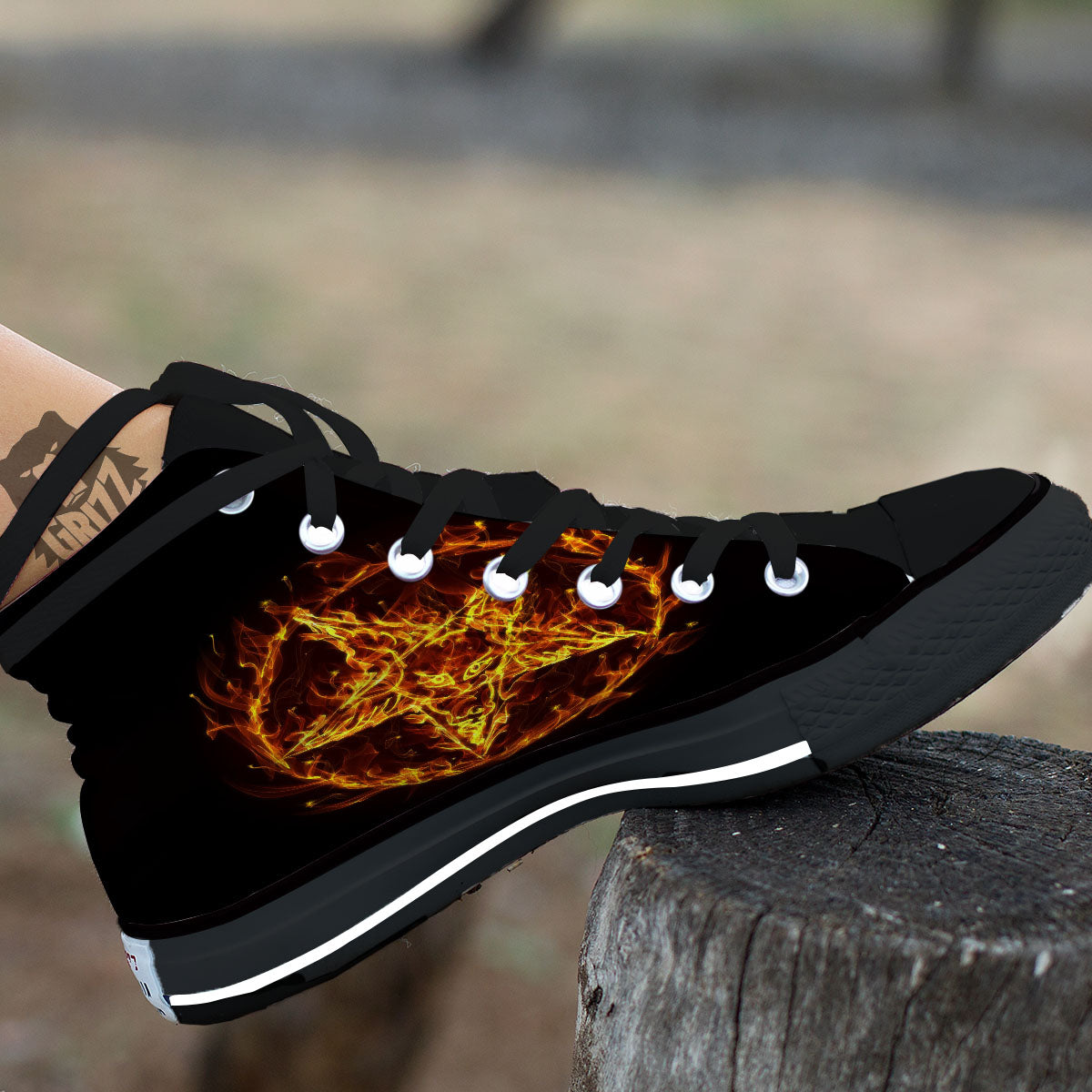 Pentagram Satanic Flame Print Black High Top Shoes-grizzshop