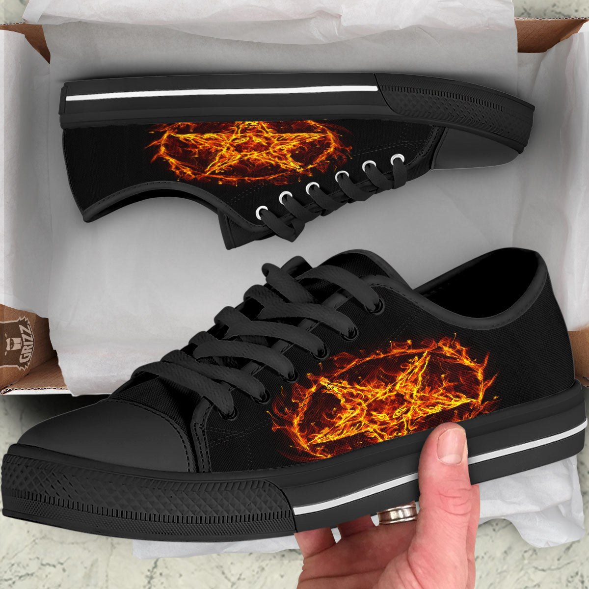 Pentagram Satanic Flame Print Black Low Top Shoes-grizzshop