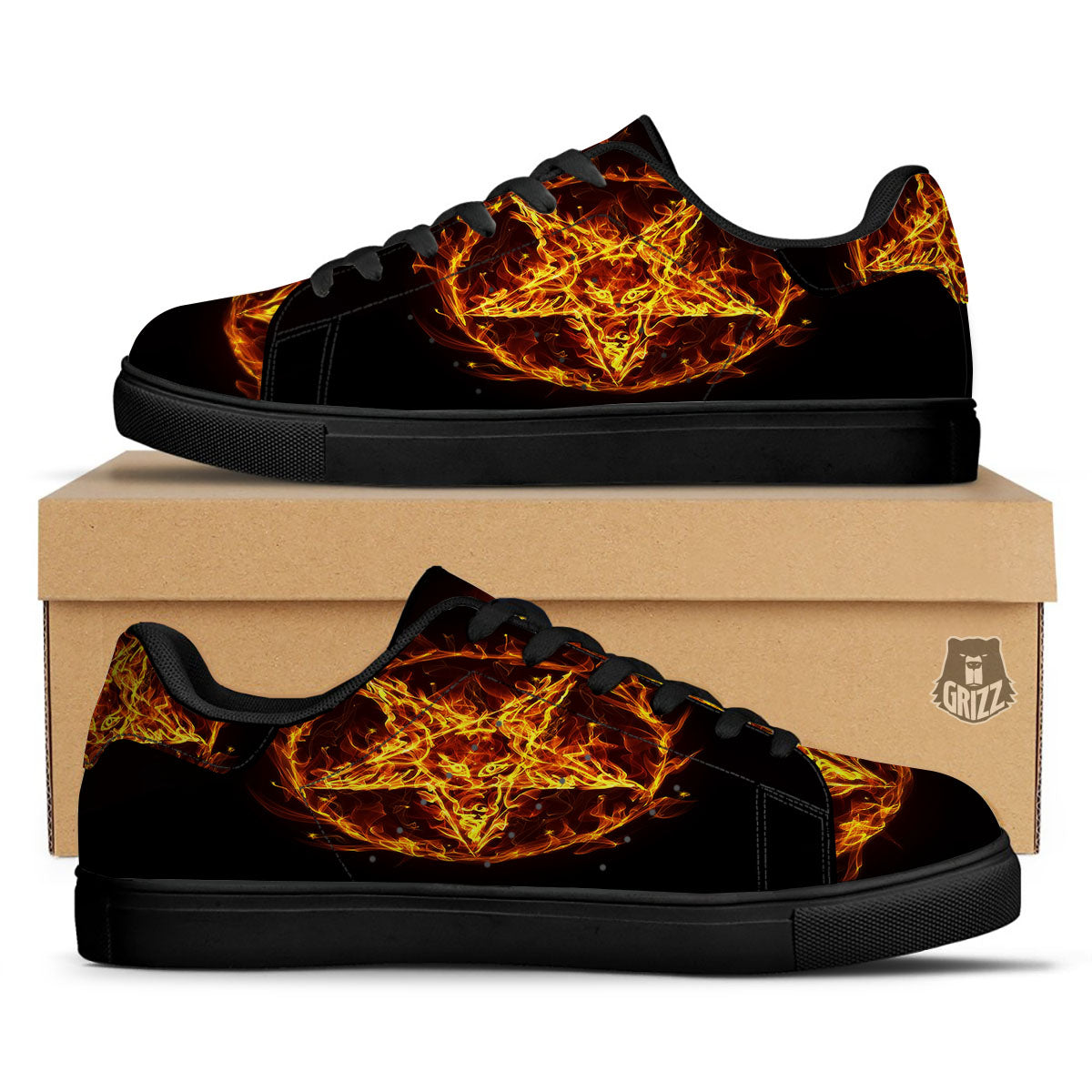 Pentagram Satanic Flame Print Black Low Top Sneakers-grizzshop