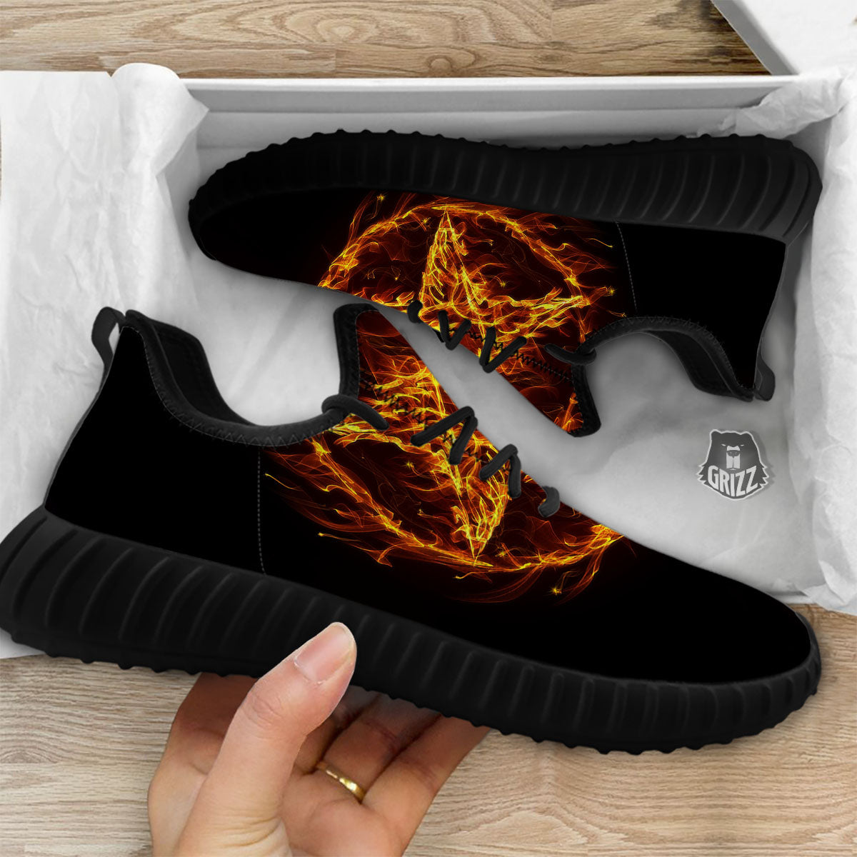 Pentagram Satanic Flame Print Black Walking Shoes-grizzshop