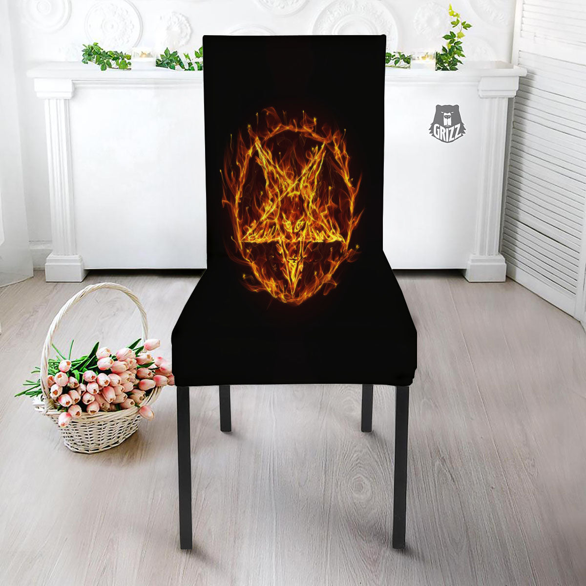 Pentagram Satanic Flame Print Dining Chair Slipcover-grizzshop